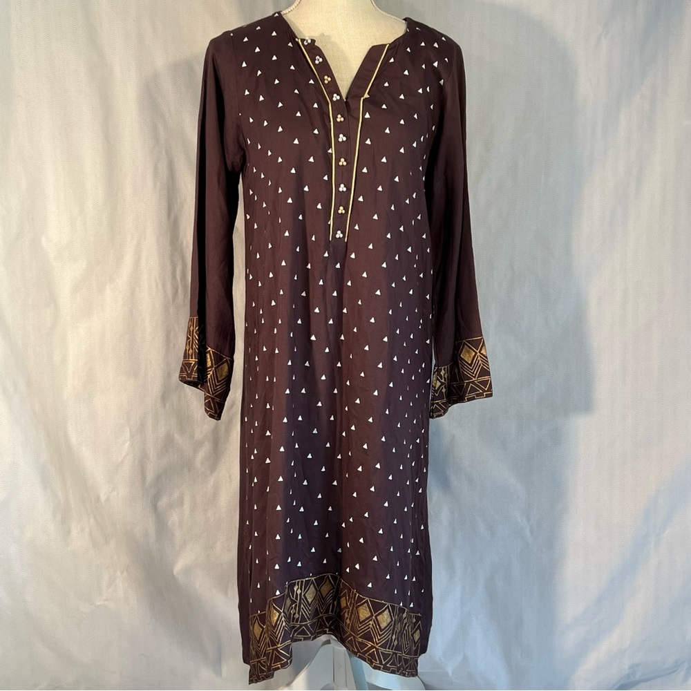 Cross Stitch Basic Pret Pakistani Kaftan Brown Dress Faux Pearls Gold Details S👍